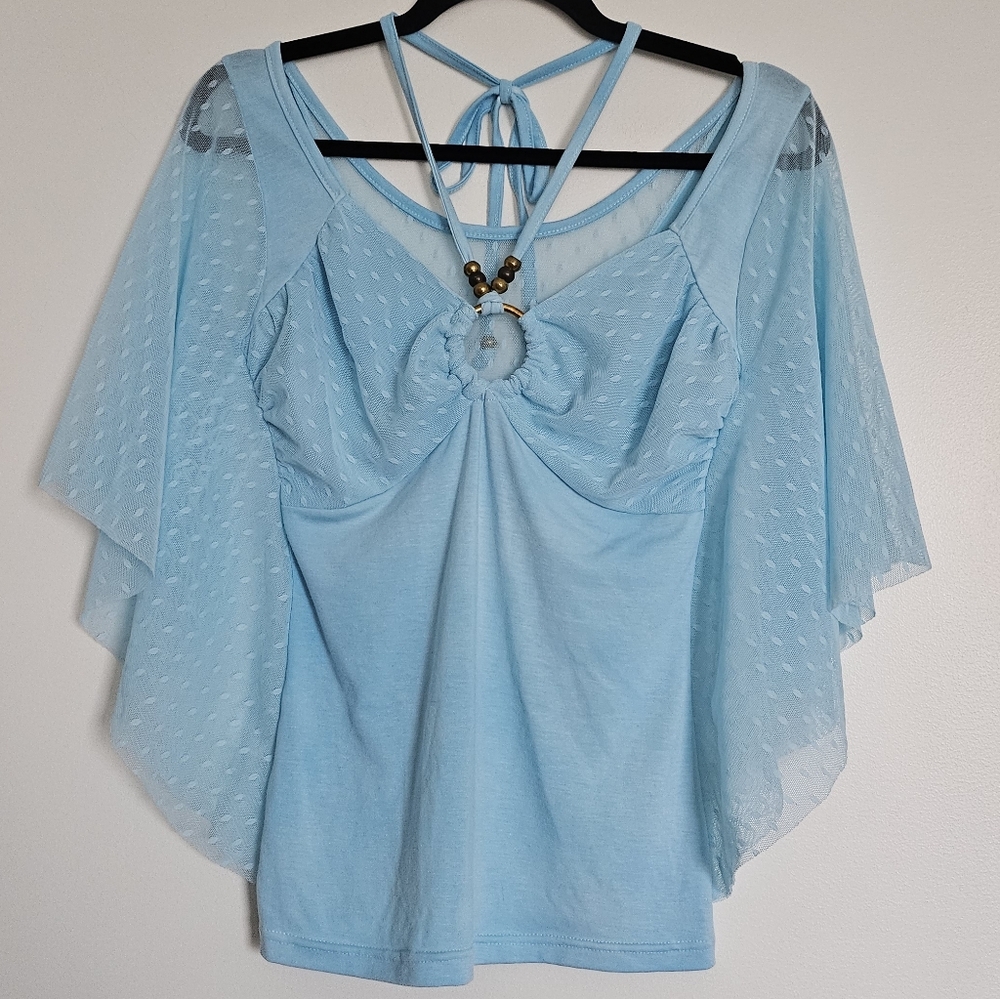 D.i.a Gyaru Blue Batwing Sheer Polka Dot Sleeve Beaded Halter Neck Top With - Picture 6 of 9